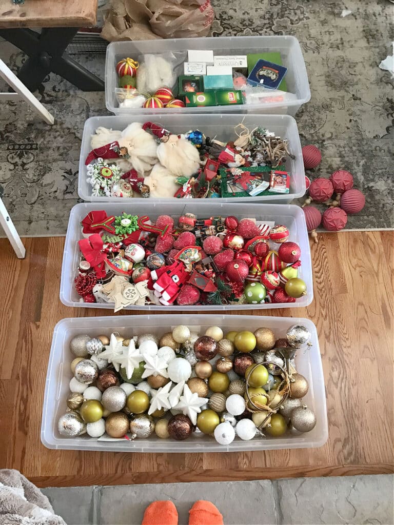 Christmas ornament storage by color