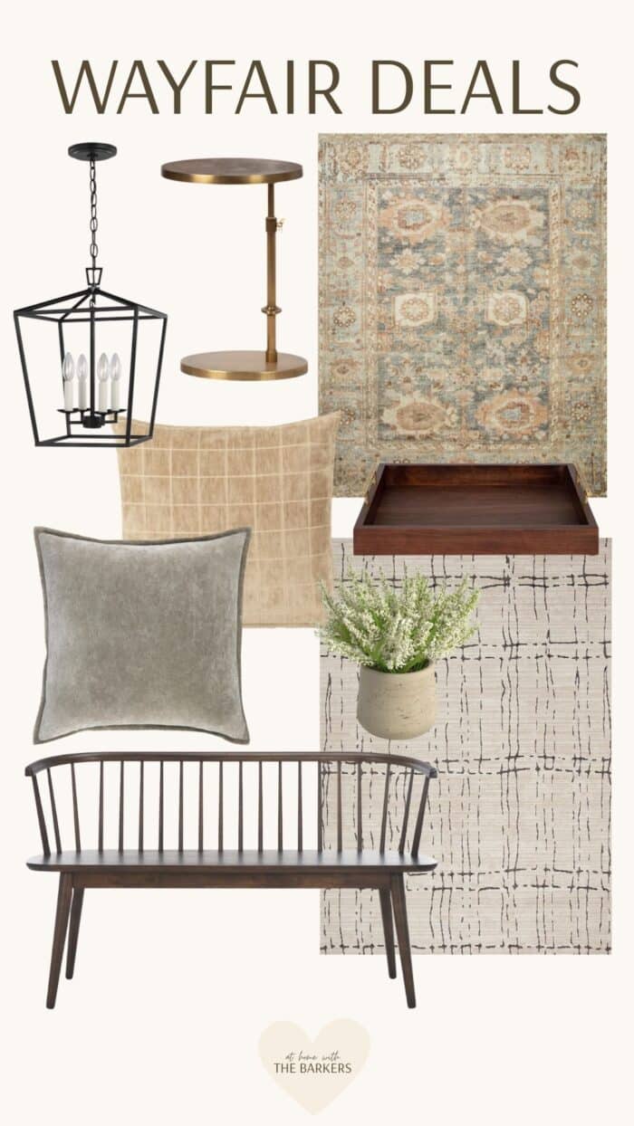 Wayfair home decor area rug, pillows, table, bench, light fixture