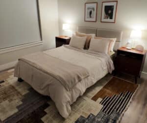 Southwestern design rug in bedroom makeover for Montana apartment