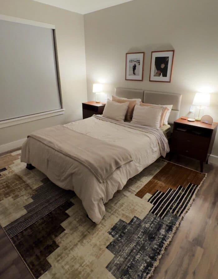 Southwestern design rug in bedroom makeover for Montana apartment