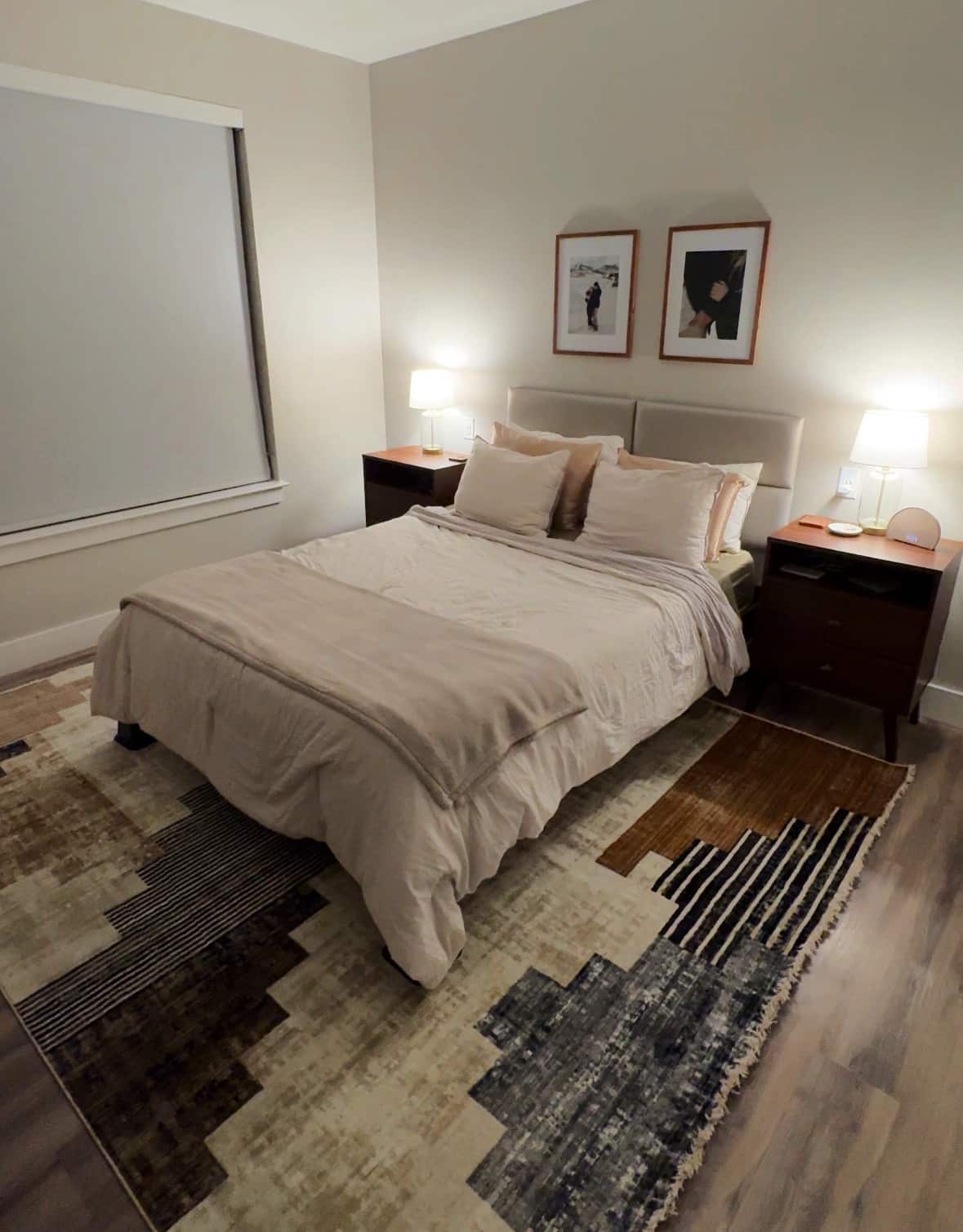 Southwestern design rug in bedroom makeover for Montana apartment
