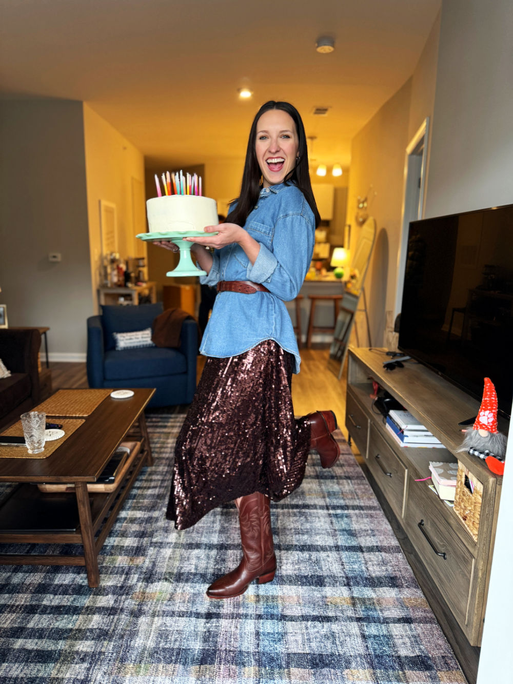 Sarah Beth holding cake for birthday on Martha Stewart Jadeite cake plate