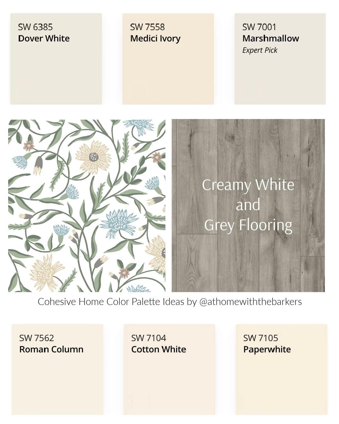 Gray flooring and warm white paint color samples