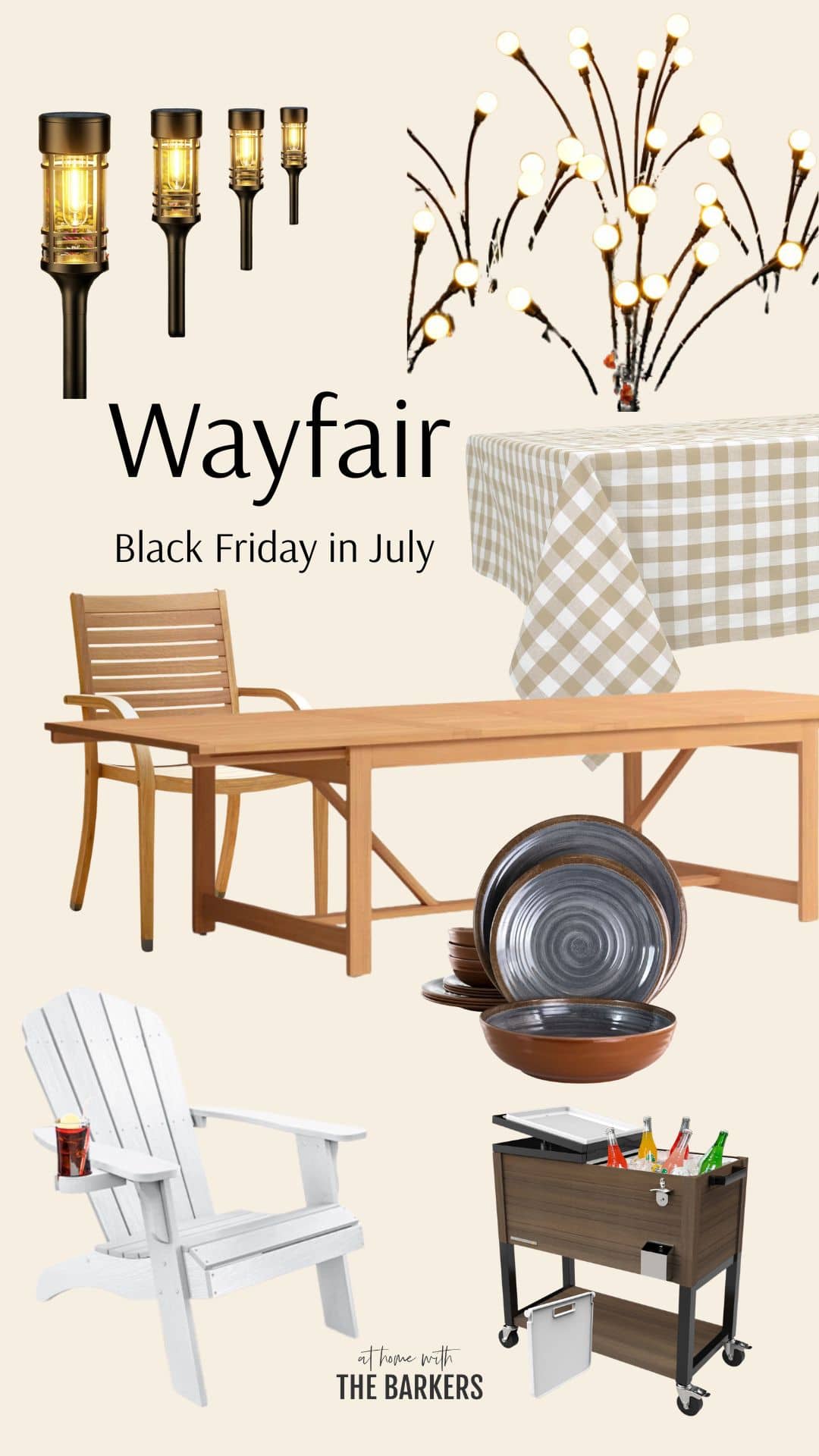 Wayfair Black Friday in July graphic featuring outdoor decor and furniture