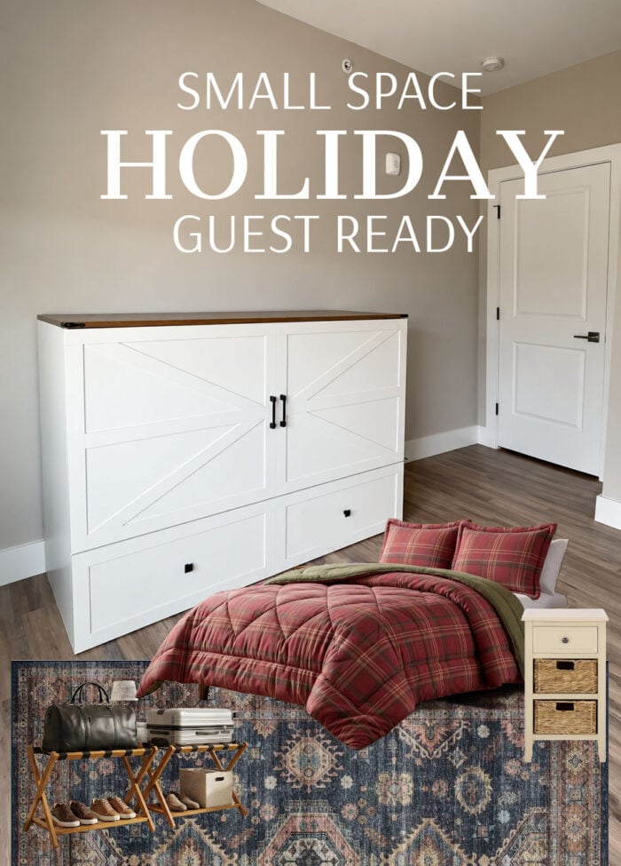 Apartment guest bedroom with Murphy Cabinet bed from Wayfair and holiday decorating items
