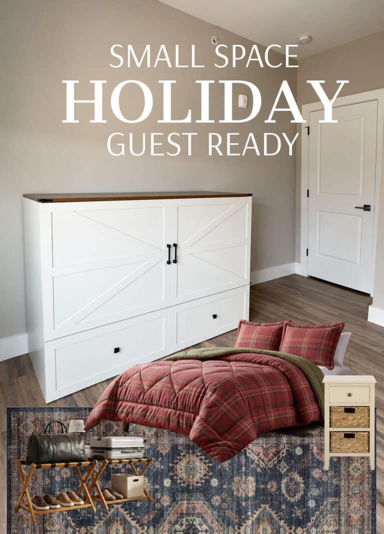 Apartment guest bedroom with Murphy Cabinet bed from Wayfair and holiday decorating items