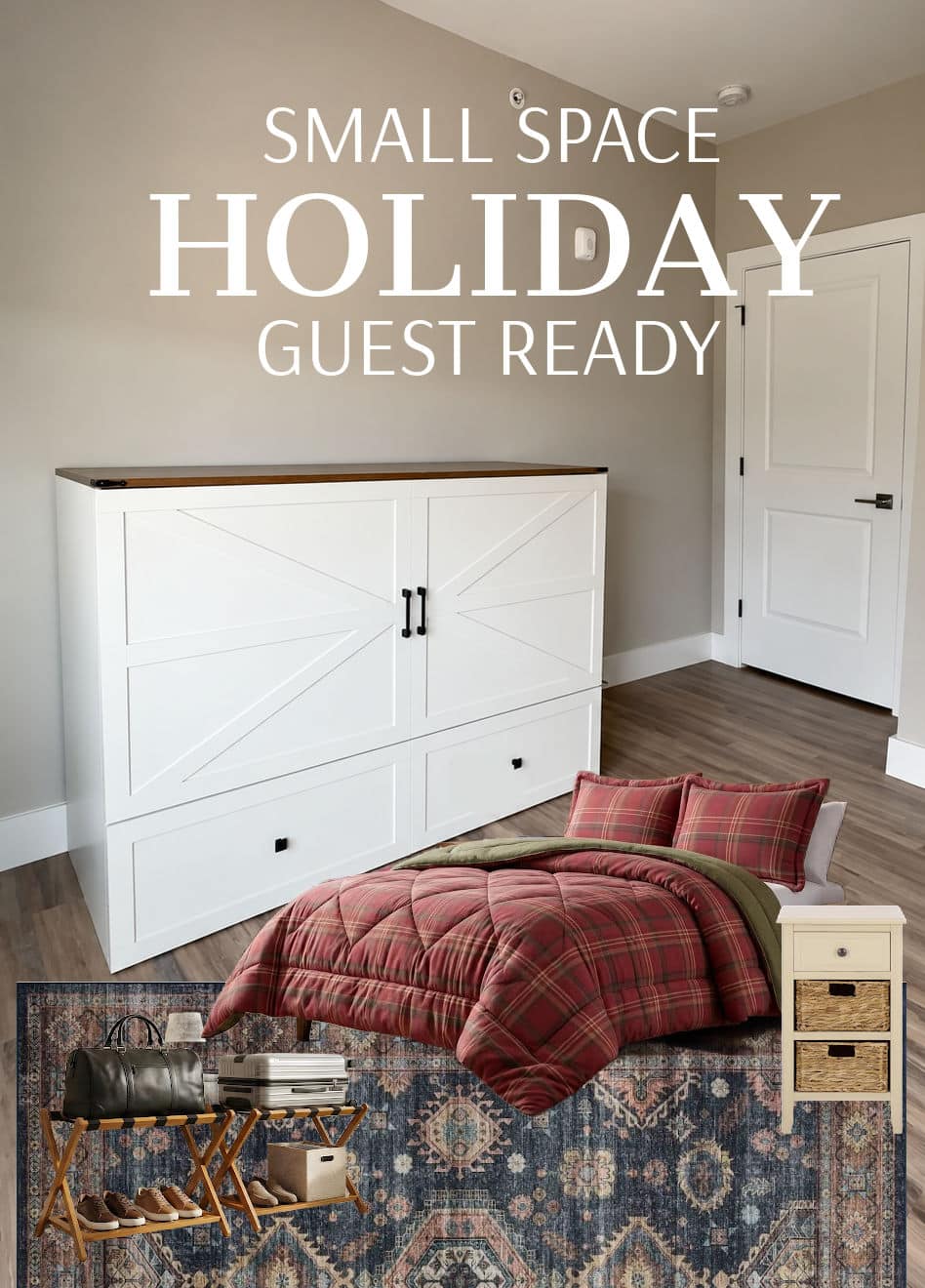 Apartment guest bedroom with Murphy Cabinet bed from Wayfair and holiday decorating items